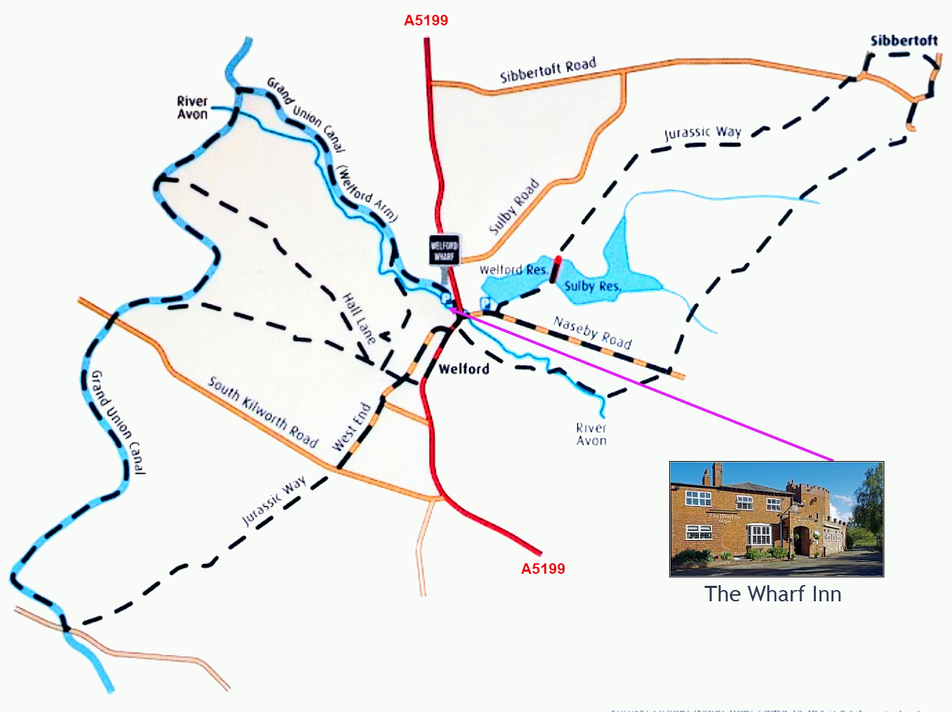 Hand-drawn map of Welford and surrounding areas with dotted lines showing walking routes