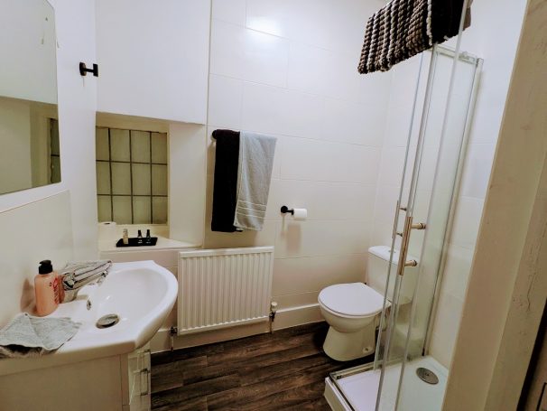 Large bathroom with sink, toilet, radiator and walk-in shower.